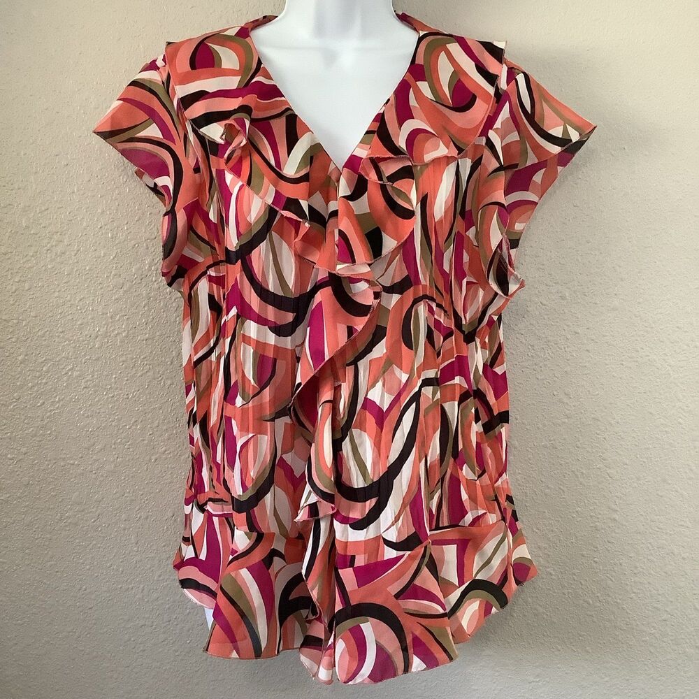 Vintage Y2K 2000s Pink Colorful Abstract Artsy Ruffle Pleated Feminine Blouse XL